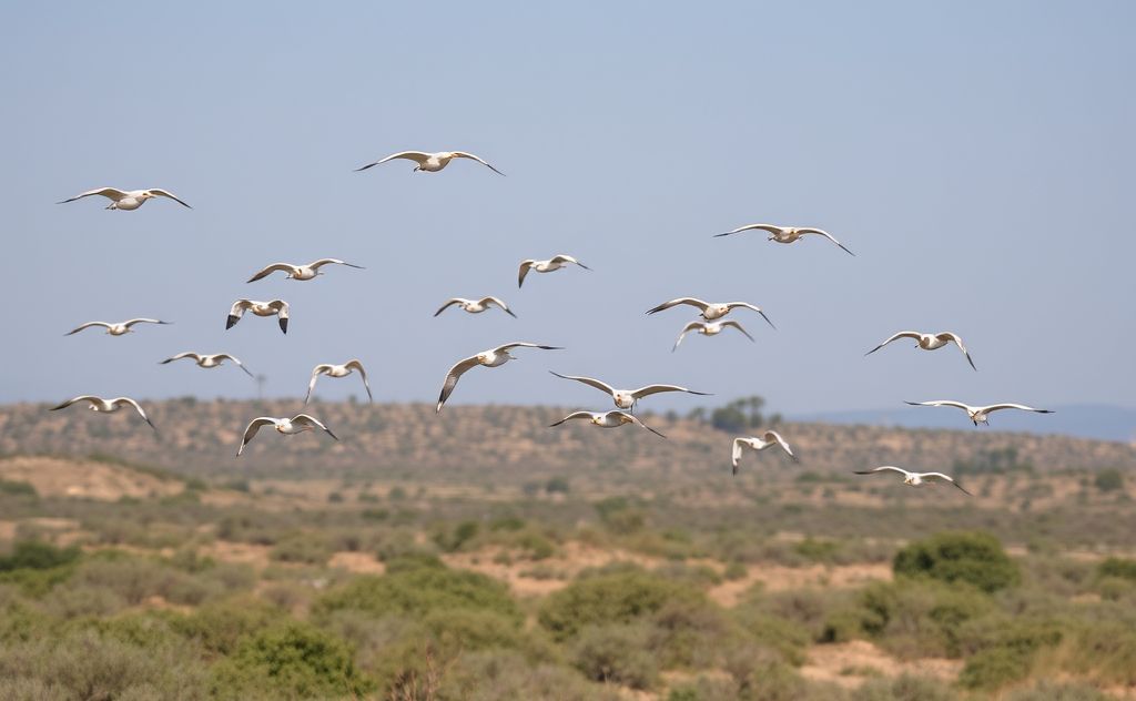 Birds in flight along migration routes amidst a natural landscape.