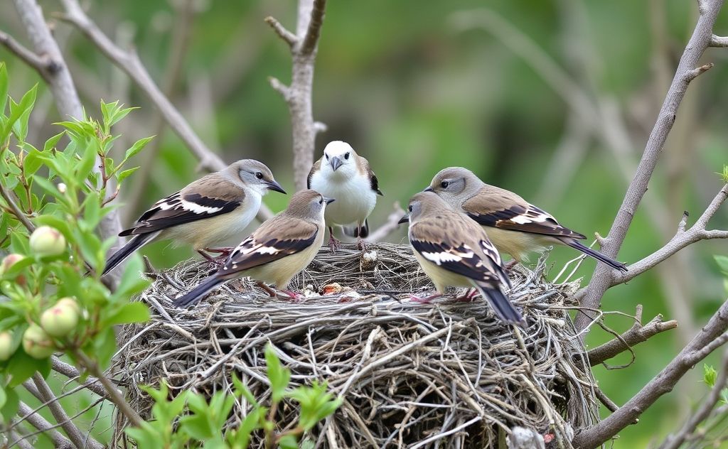 Birds interacting around nests in a natural habitat setting.
