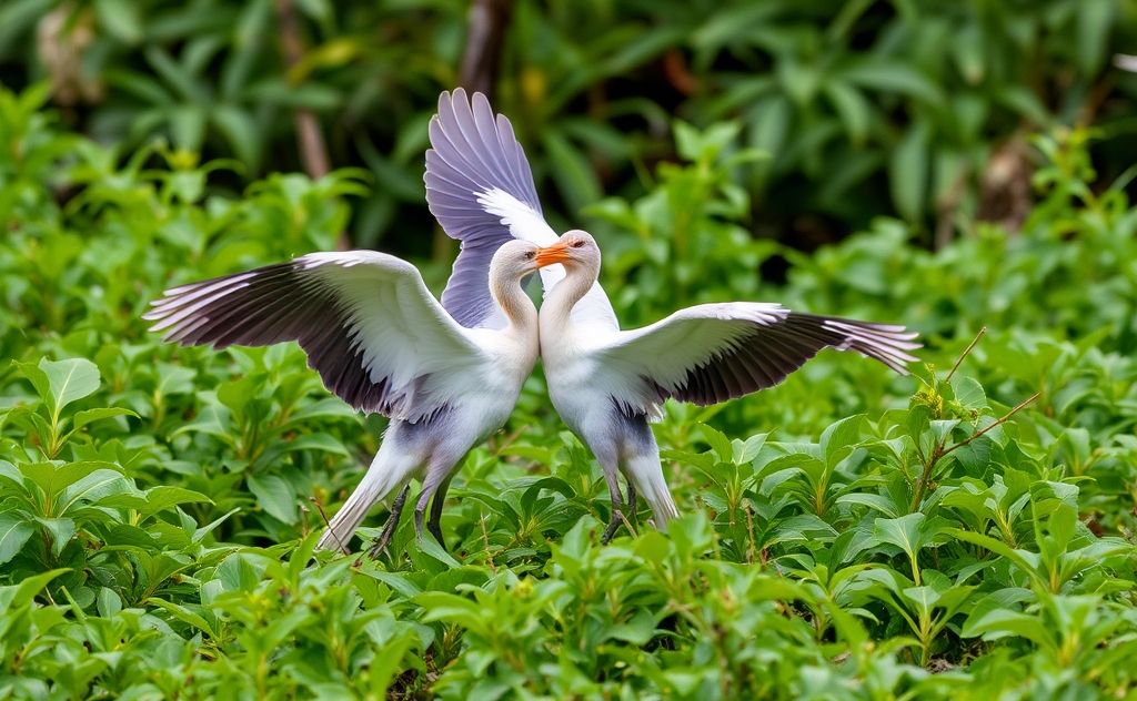 Birds mating in a natural setting among lush greenery.
