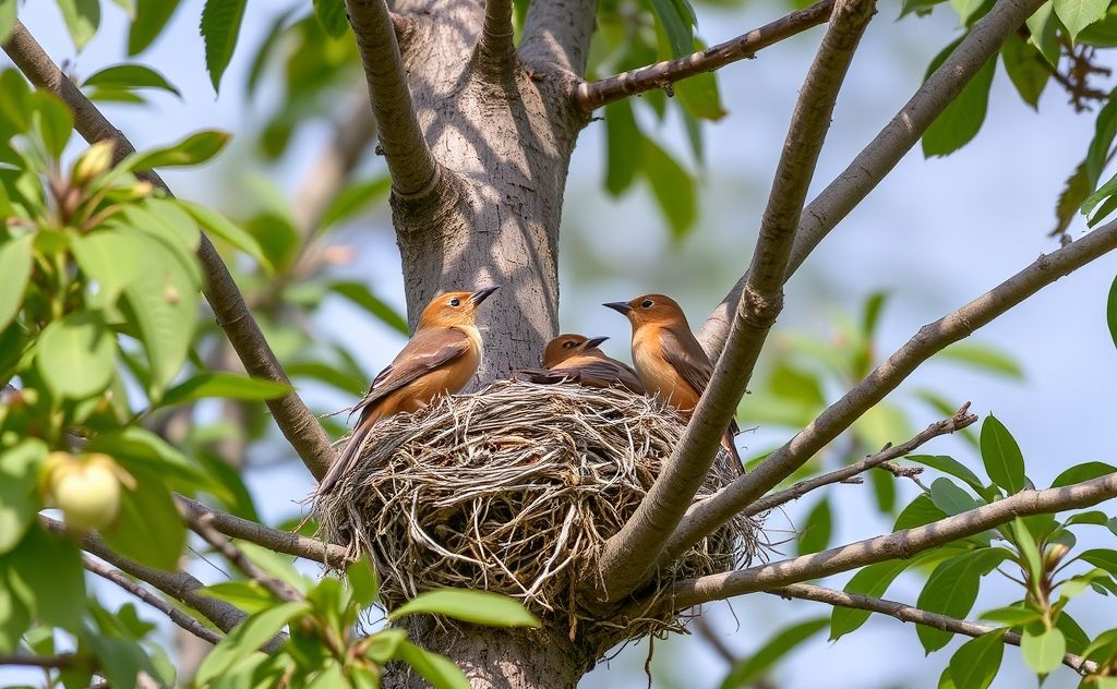 Birds nesting in a tree with environmental elements affecting them.