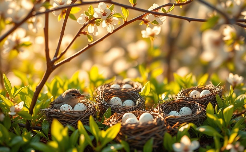 Birds nesting in spring with eggs in a vibrant natural setting