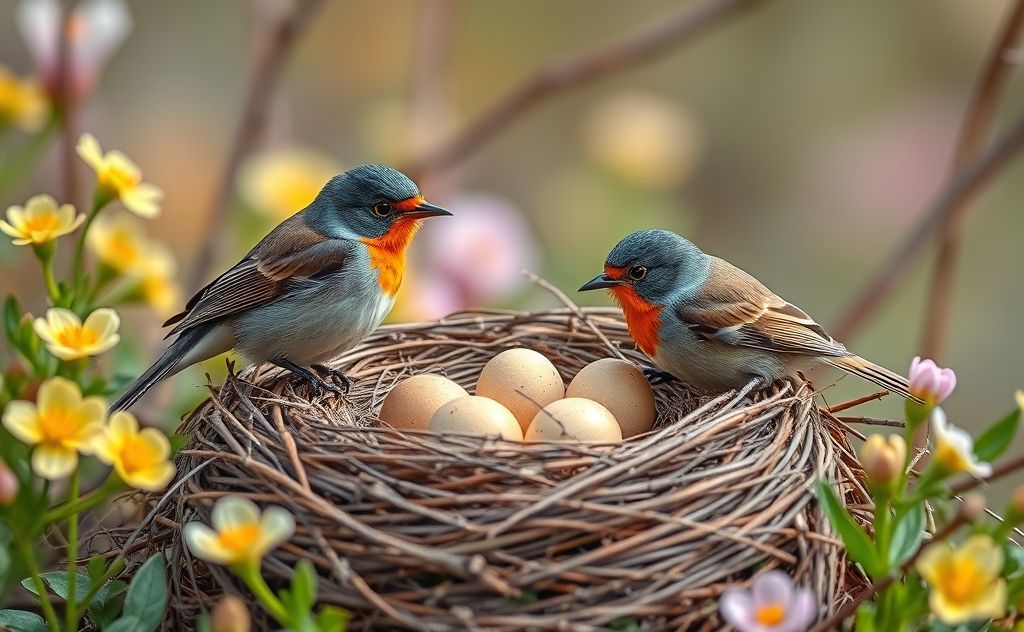 Birds nesting with eggs in a vibrant spring setting.