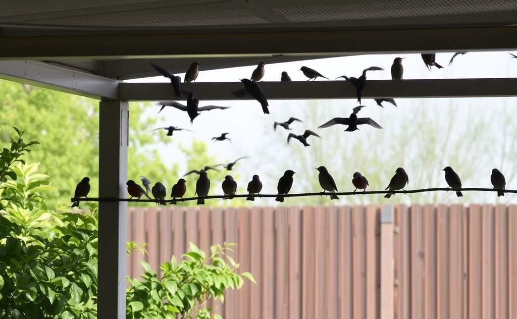Birds perched in a carport surrounded by natural repellents.