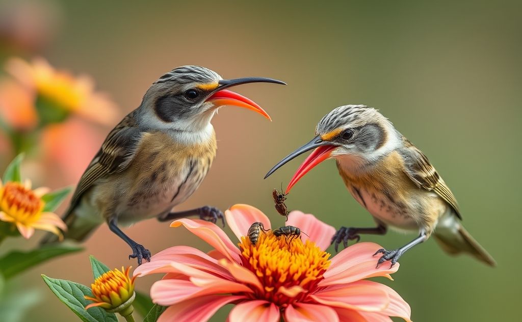 Birds with unique tongues feeding on flowers and insects.