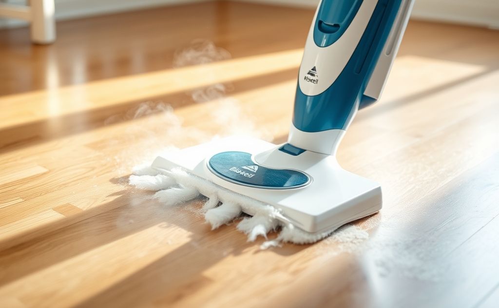 Bissell Powerfresh Steam Mop in action on a floor.