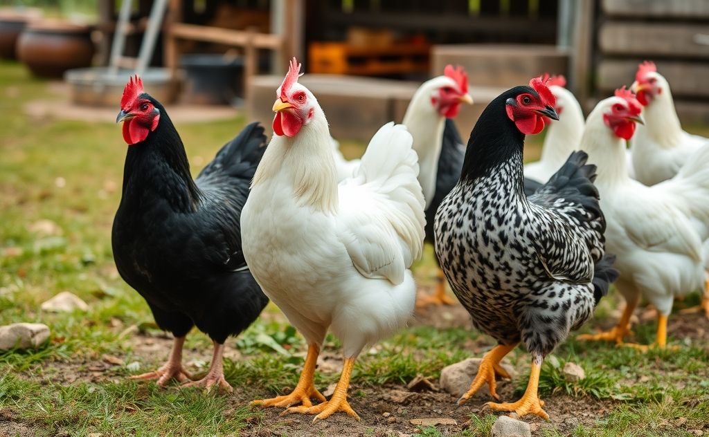 Black and white chickens in a farm setting