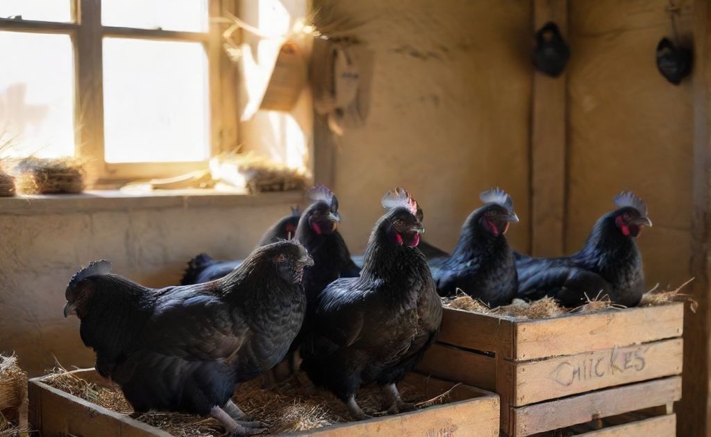 Black chickens for sale with price tags displayed
