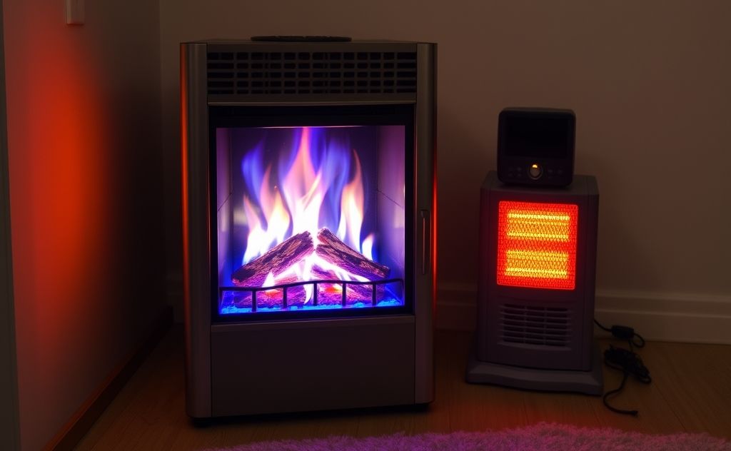 Blue flame heater beside an infrared heater, warm glow.