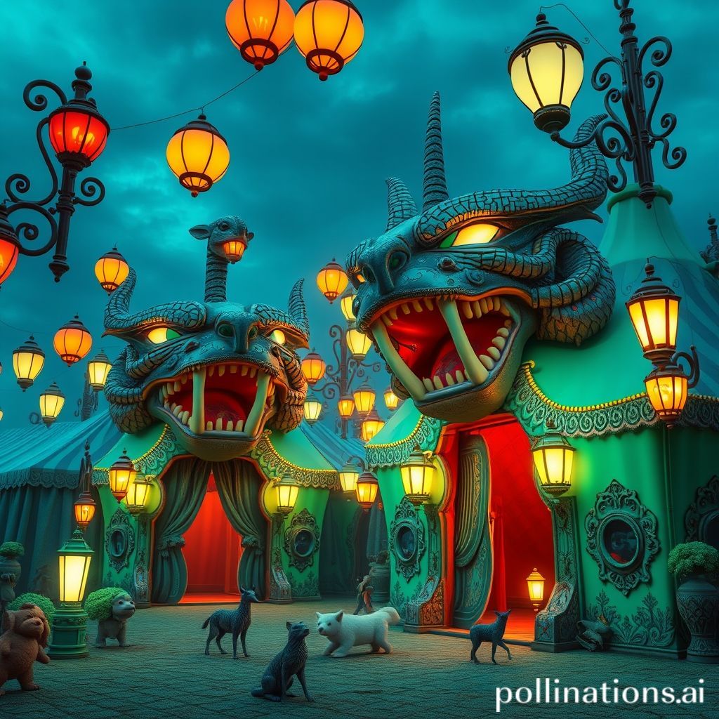 Blue_idealism_bb,litizhuyi_bb,litizhuyi_bb,Surrealism, abstract art, megalophobia,Vibrant blue and green tone, intricate Baroque details, Gucci-inspired ornate patterns, surreal fantasy scene, lantern-lit carnival at dusk, whimsical tent houses with giant animal heads, huge mouths agape as doorways, cute animal dolls stroll amidst neon signs, dreamy, childlike atmosphere, reminiscent of Hieronymus Bosch's and Salvador Dali's fantastical worlds, Unreal Engine quality, evoking nostalgic feelings of midsummer wonder.