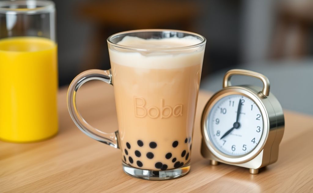 Boba tea in a cup with a timer beside it.