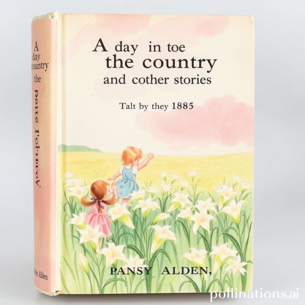 Book cover of A day in the country and other stories, Pansy Alden, 1885, watercolor and hand-drawn style, soft pink and blue tones, depicting children playing in a field of lilies.