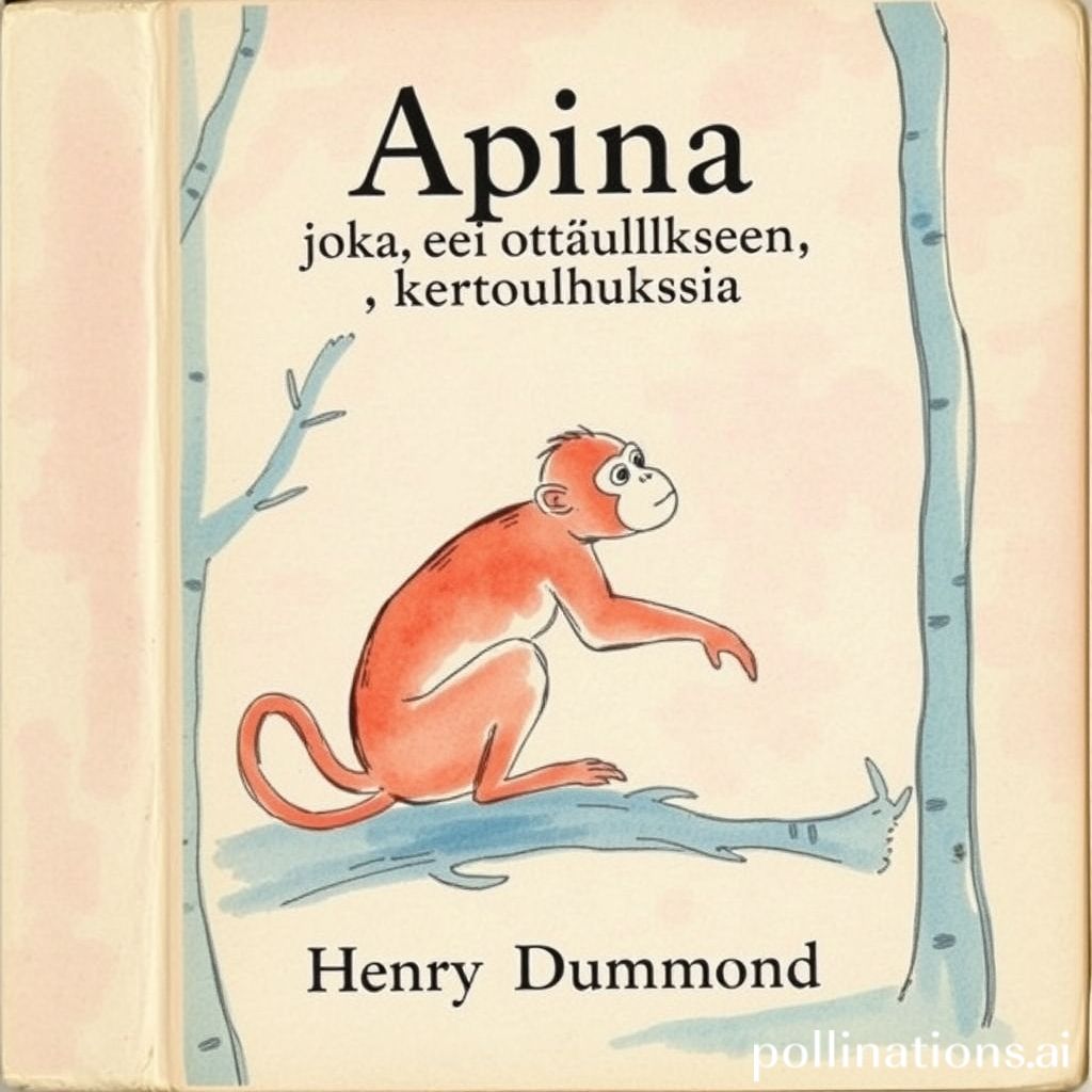 Book cover of Apina, joka ei ottanut kuollakseen, kertomuksia by Henry Drummond, 1919, watercolor and hand-drawn style, soft pink and blue tones, depicting a monkey in a forest setting, with old Finnish text