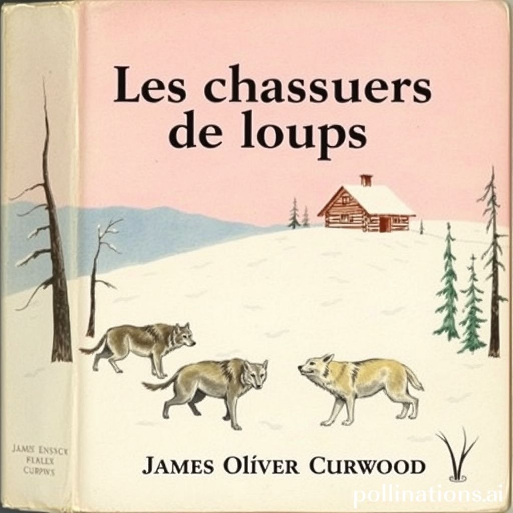 Book cover of Les chasseurs de loups by James Oliver Curwood, 1929, watercolor and hand-drawn style, soft pink and blue tones, depicting a snowy Canadian wilderness scene with wolves and a log cabin.