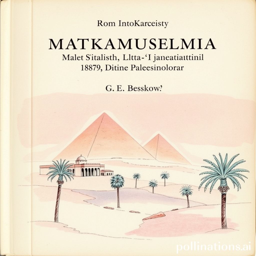 Book cover of Matkamuistelmia Egyptistä, Siinailta ja Palestiinasta 1859-1860 by G. E. Beskow, 1877, watercolor and hand-drawn style, soft pink and blue tones, depicting a traditional Middle Eastern landscape with pyramids and palm trees.