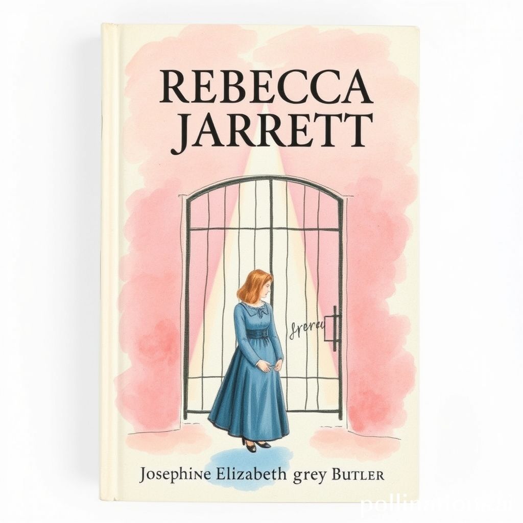 Book cover of Rebecca Jarrett by Josephine Elizabeth Grey Butler, 1885, watercolor and hand-drawn style, soft pink and blue tones, depicting a woman standing in front of a prison gate, with rays of light shining down on her.