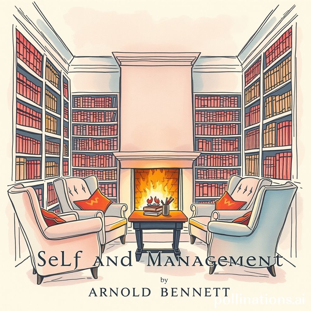 Book cover of Self and self-management : Essays about existing by Arnold Bennett, 1918, watercolor and hand-drawn style, soft pink and blue tones, depicting a cozy study room with a fireplace and bookshelves.