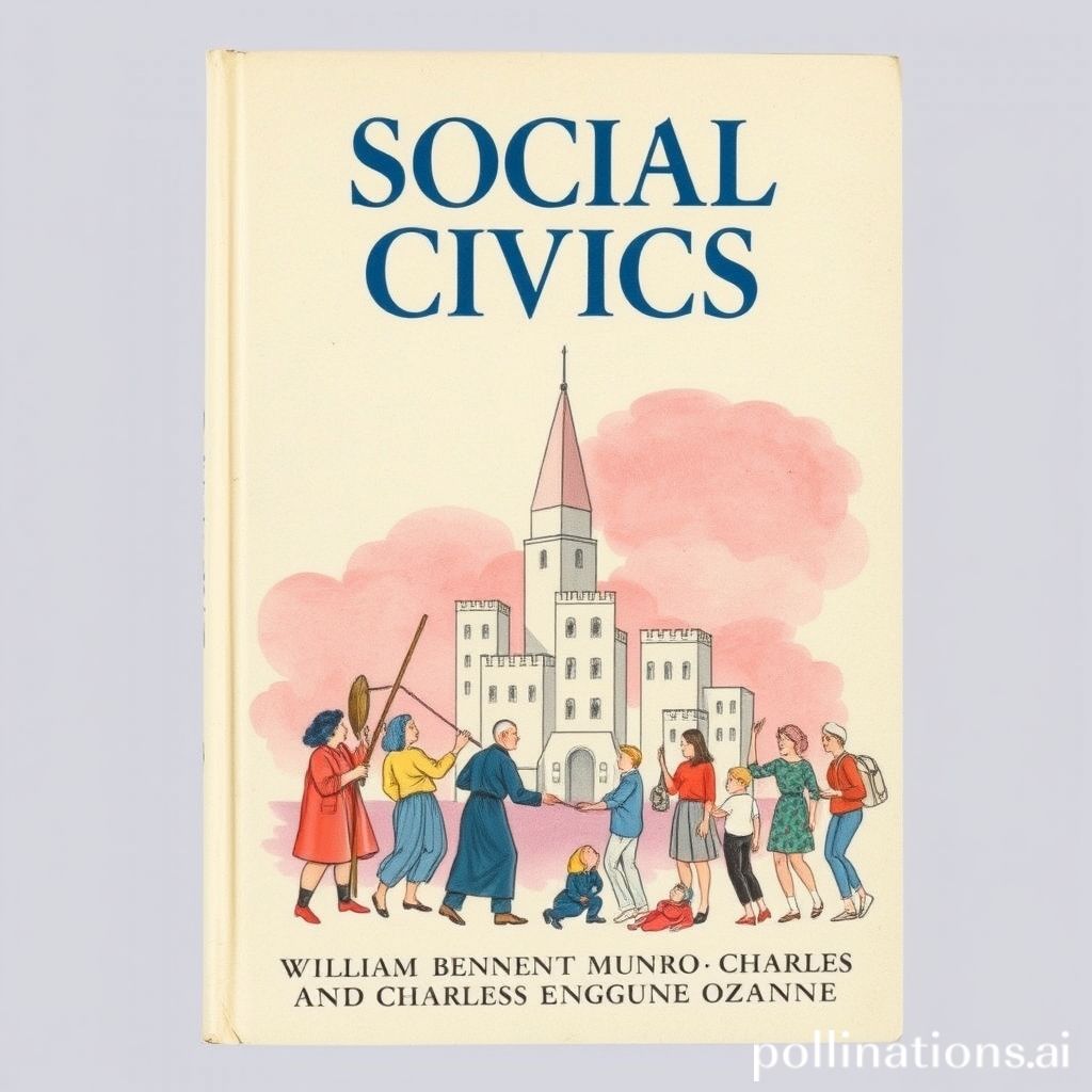 Book cover of Social Civics by William Bennett Munro and Charles Eugene Ozanne, 1922, watercolor and hand-drawn style, soft pink and blue tones, depicting a group of diverse people working together to build a city, symbolizing civic engagement and community development.