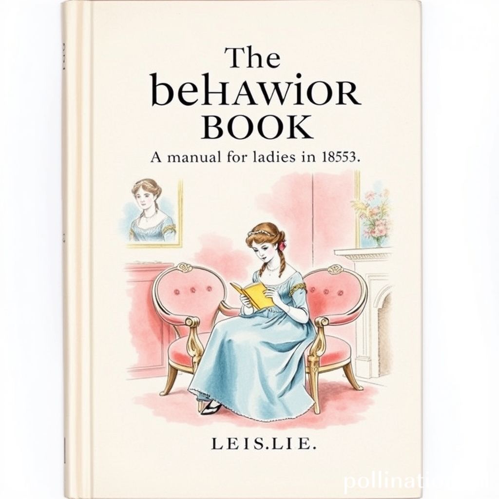 Book cover of The behaviour book, A manual for ladies by Leslie, Eliza, 1853, watercolor and hand-drawn style, soft pink and blue tones, depicting a woman reading in a Victorian-era parlor