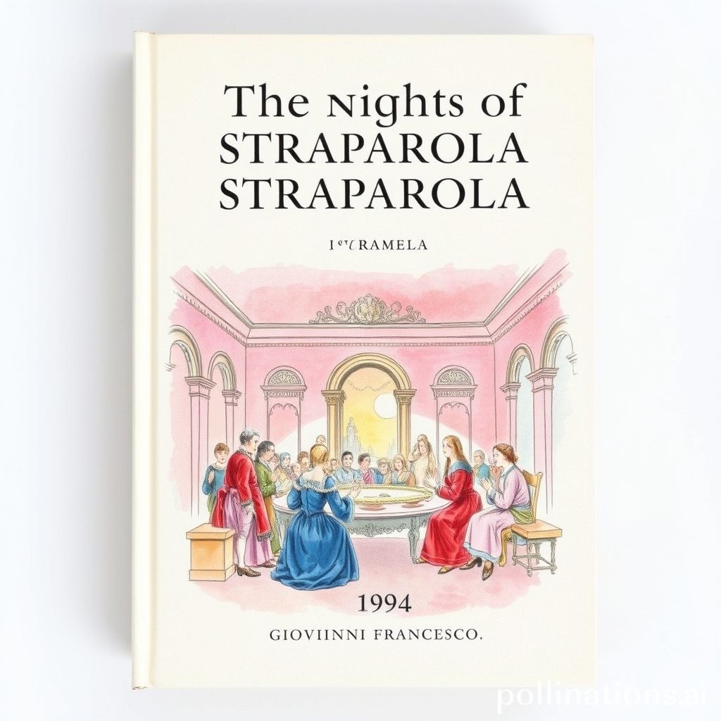 Book cover of The nights of Straparola, volume 1 [of 2] by Straparola, Giovanni Francesco, 1894, watercolor and hand-drawn style, soft pink and blue tones, depicting a group of people telling stories in a Renaissance palace.