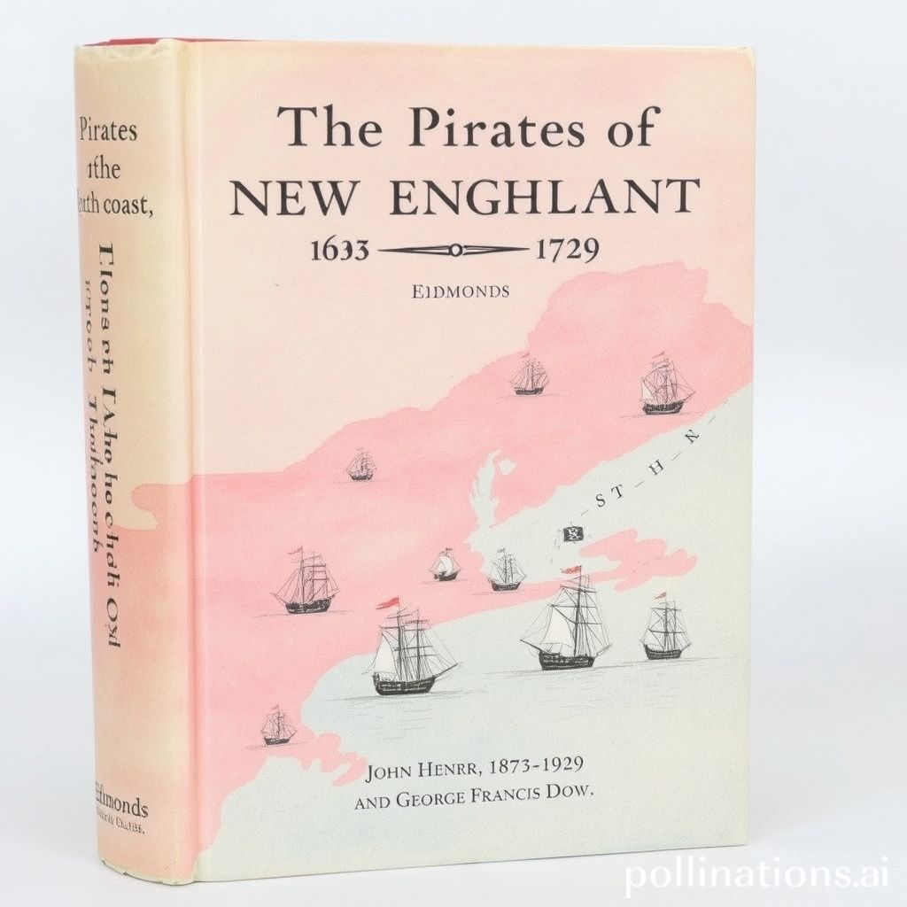 Book cover of The pirates of the New England coast, 1630-1730 by Edmonds, John Henry, 1873-1929. and George Francis Dow, watercolor and hand-drawn style, soft pink and blue tones, depicting a map of New England's coastline with sailing ships and pirate flags.