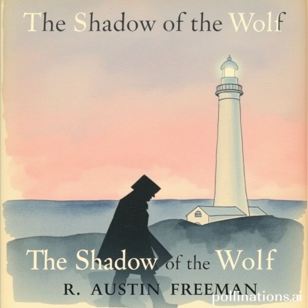 Book cover of The shadow of the Wolf by R. Austin Freeman, 1925, watercolor and hand-drawn style, soft pink and blue tones, depicting a shadowy figure lurking near a lighthouse at night, creating a sense of mystery and suspense.
