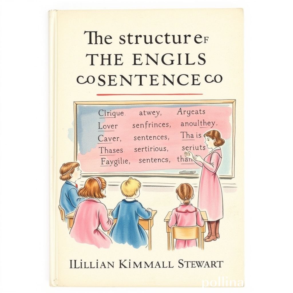 Book cover of The structure of the English sentence by Lillian Kimball Stewart, 1900, watercolor and hand-drawn style, soft pink and blue tones, depicting a vintage classroom scene with students and a teacher analyzing sentences on a blackboard.
