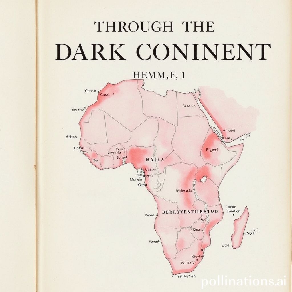 Book cover of Through the Dark Continent, Vol. 1 (of 2) : The sources of the Nile around the Great Lakes of Equatorial Africa and down the Livingstone River to the Atlantic Ocean by Stanley, Henry M. (Henry Morton), 1899, watercolor and hand-drawn style, soft pink and blue tones, depicting a map of Africa with key locations highlighted.