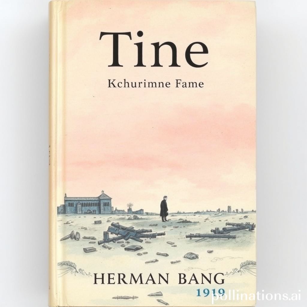 Book cover of Tine by Herman Bang, 1919, watercolor and hand-drawn style, soft pink and blue tones, depicting a desolate Danish landscape with a lone figure standing amidst ruins.