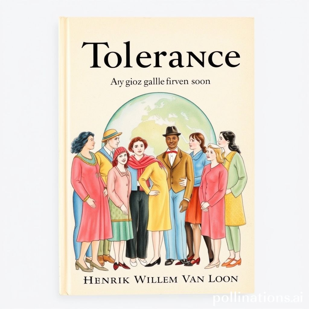 Book cover of Tolerance by Hendrik Willem Van Loon, 1925, watercolor and hand-drawn style, soft pink and blue tones, depicting a diverse group of people from different cultures and backgrounds standing together in harmony, with a globe in the background.