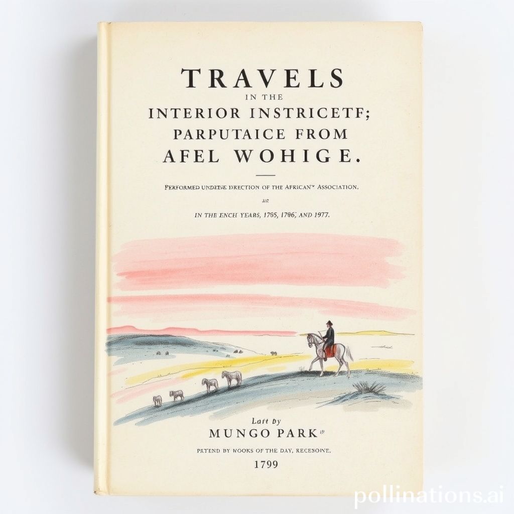 Book cover of Travels in the interior districts of Africa: performed under the direction and patronage of the African Association, in the years 1795, 1796, and 1797 by Mungo Park, 1799, watercolor and hand-drawn style, soft pink and blue tones, depicting a vast African landscape with a lone traveler on horseback, watercolor and hand-drawn style, soft pink and blue tones, depicting a vast African landscape with a lone traveler on horseback