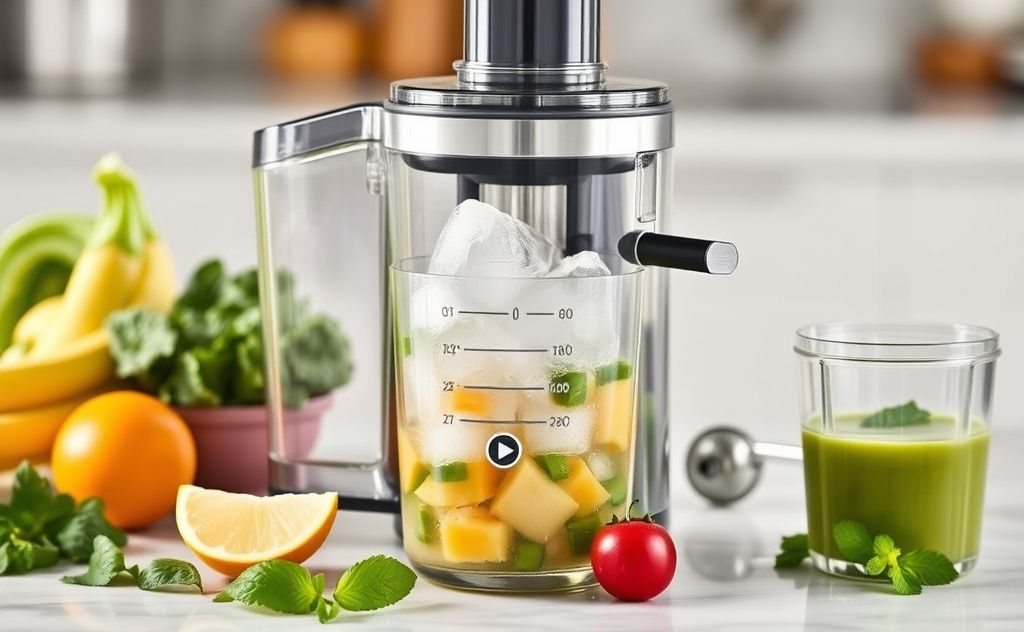 Breville juicer with ice and fresh ingredients