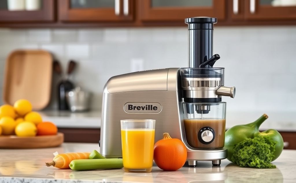 Breville masticating juicer on a kitchen counter