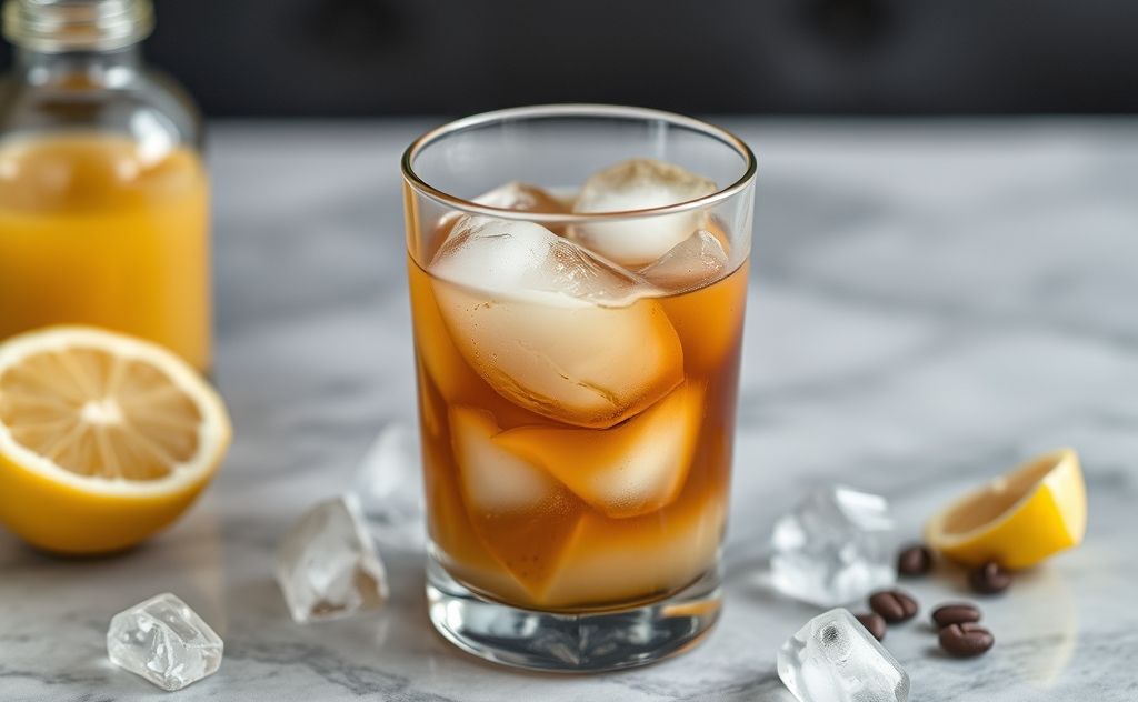 Brewed espresso over ice with sour notes