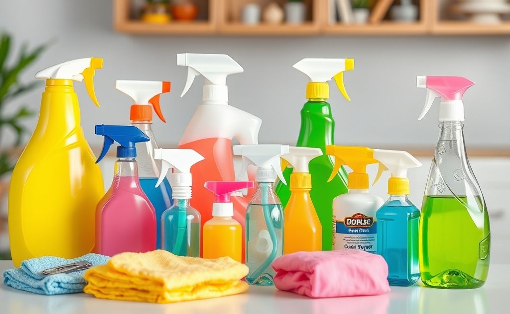 Bright and colorful cleaning supplies arranged playfully on a table.