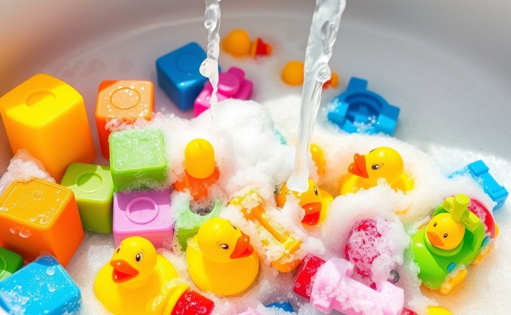 Brightly colored kids' toys being cleaned with soap and water.