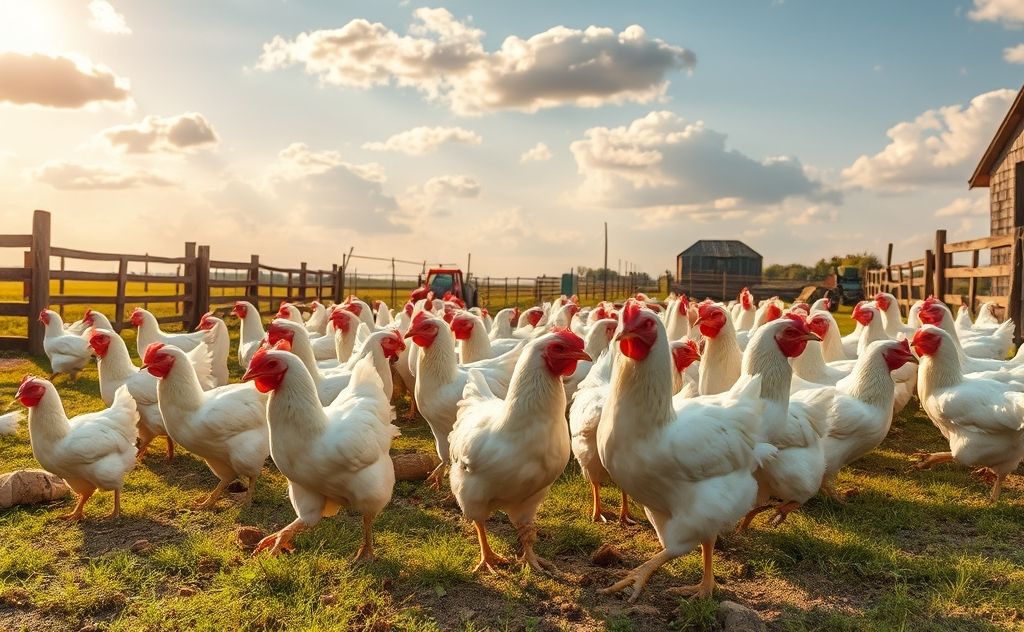 Broiler chickens in a farm setting