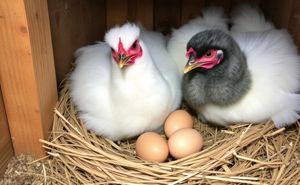 Broody Silkie chickens with eggs in nest