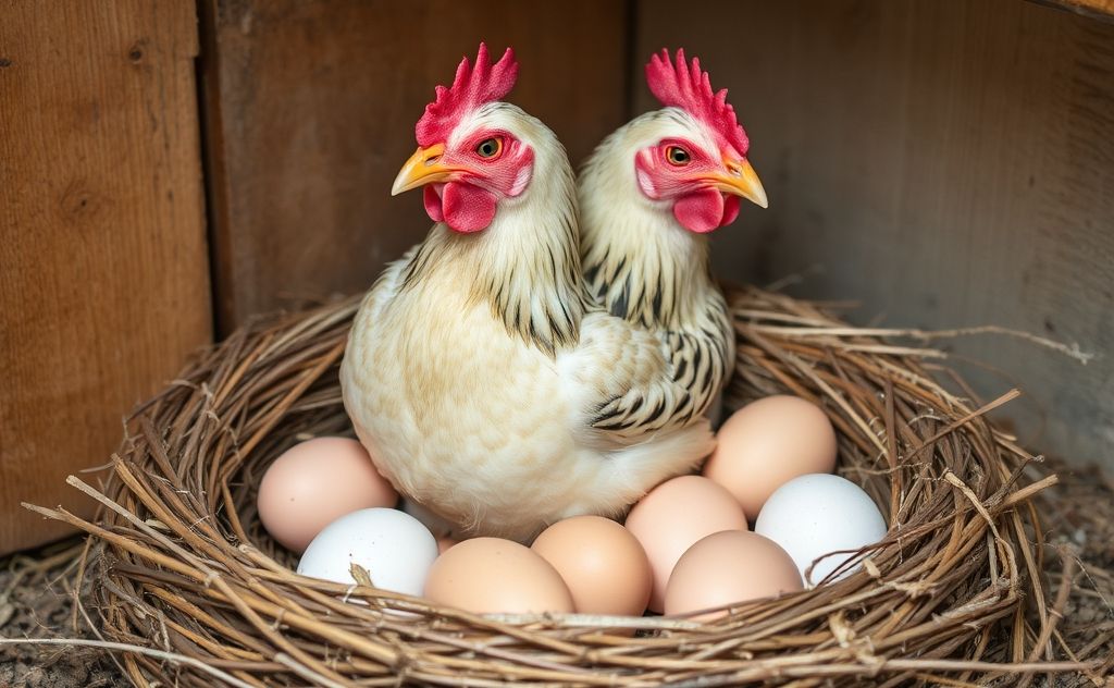 Broody hen sitting on eggs in a nest