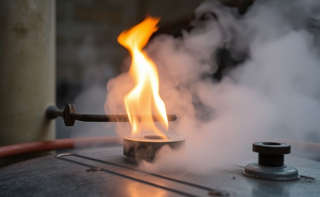 Burner flame on a water tank with steam rising