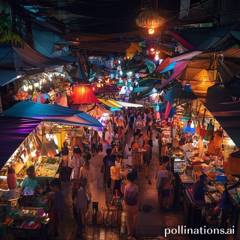 سوق طعام شوارع صاخب ونابض بالحياة في بانكوك، تايلاند، يعكس تجربة تناول الطعام المحلية بأسعار معقولة.