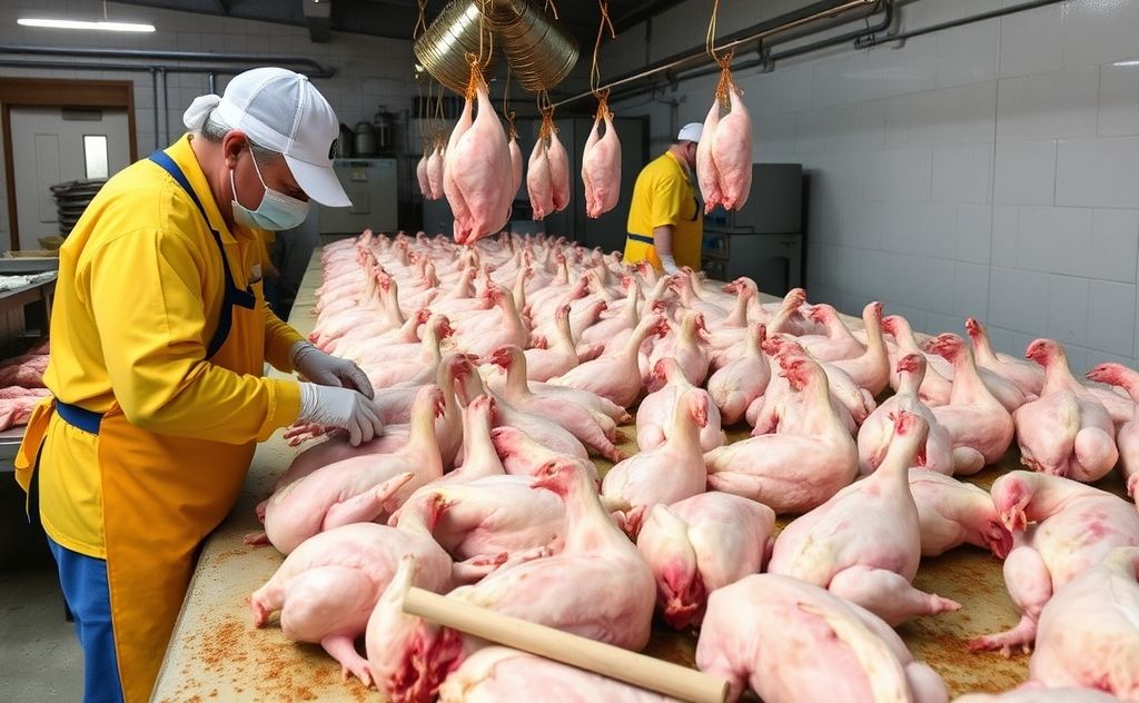 Butcher processing chickens in local facility
