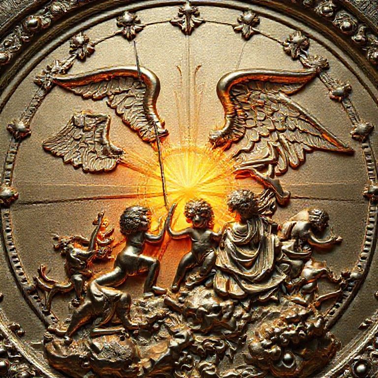 Close-up do alto-relevo com figuras mitol&oacute;gicas nas &acirc;nforas WMF