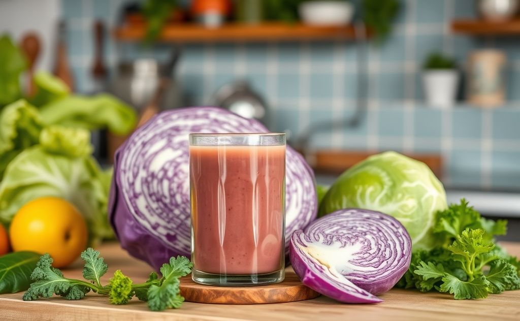 Cabbage juice in a vibrant kitchen setting
