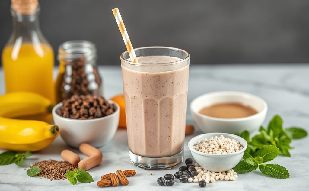 Caffeine-infused smoothie ingredients on a table