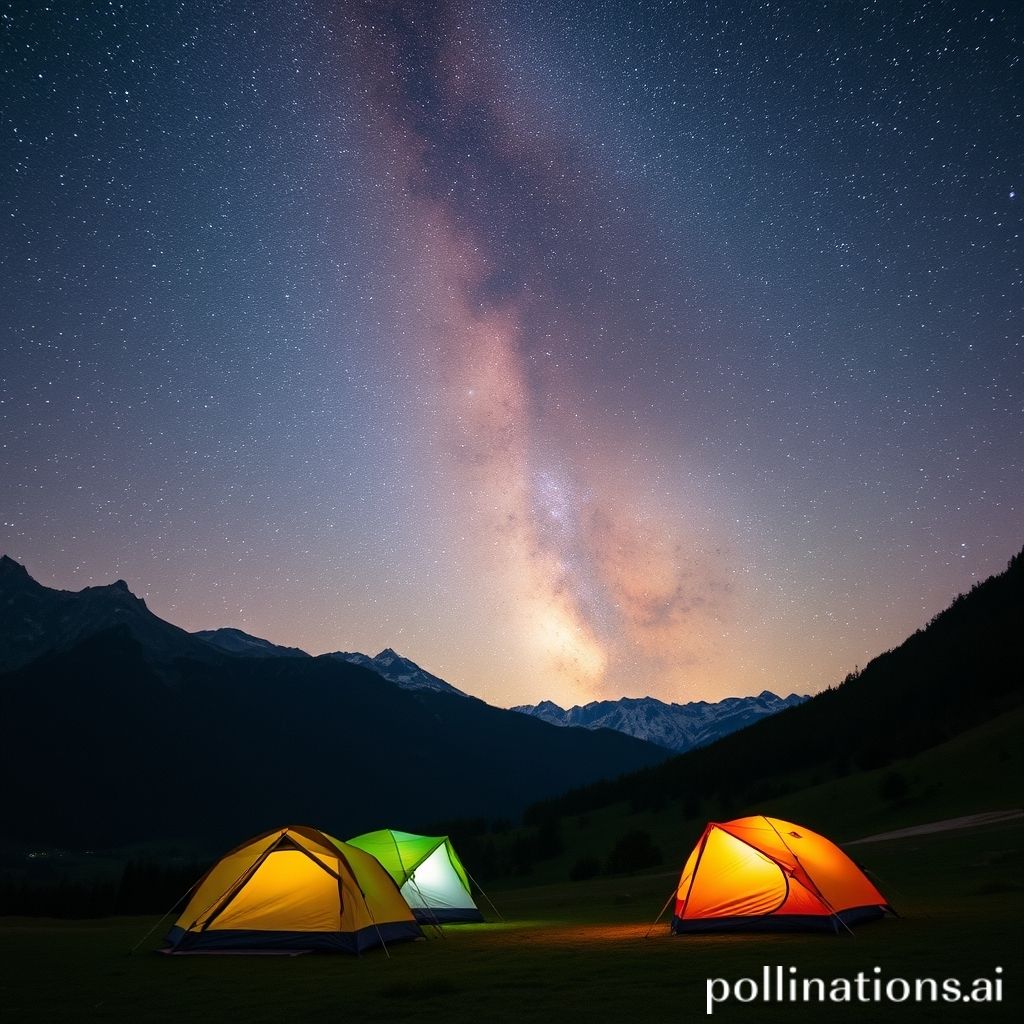 Camping tents under a starry sky in a mountain valley