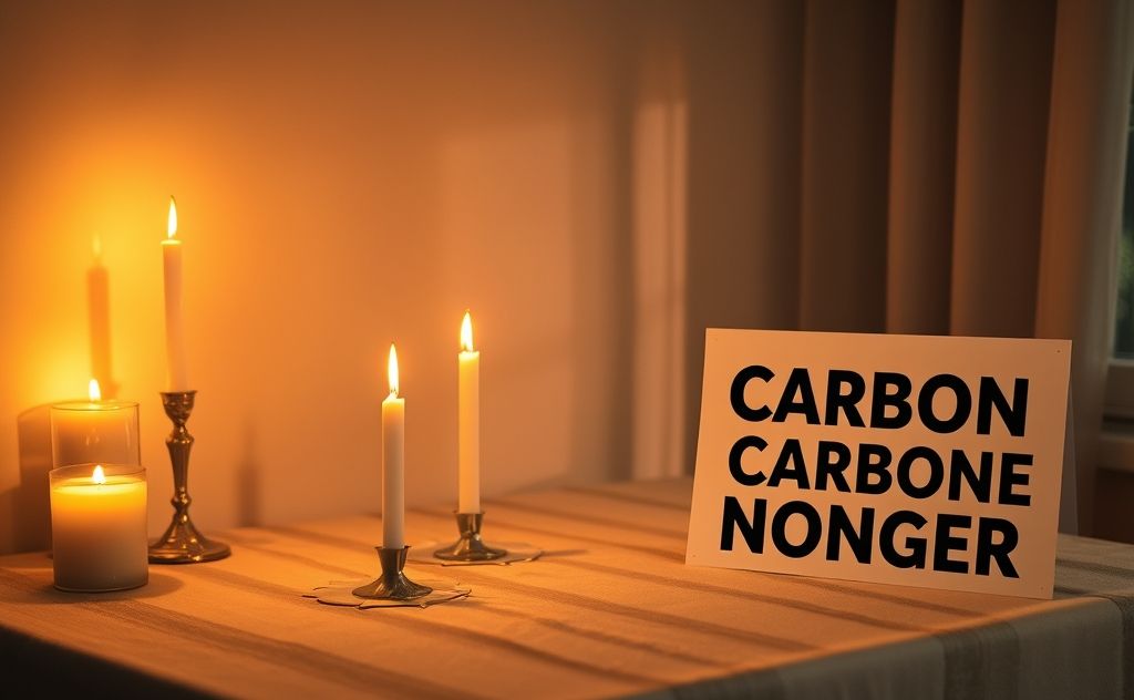 Candles burning indoors with a warning about carbon monoxide danger.