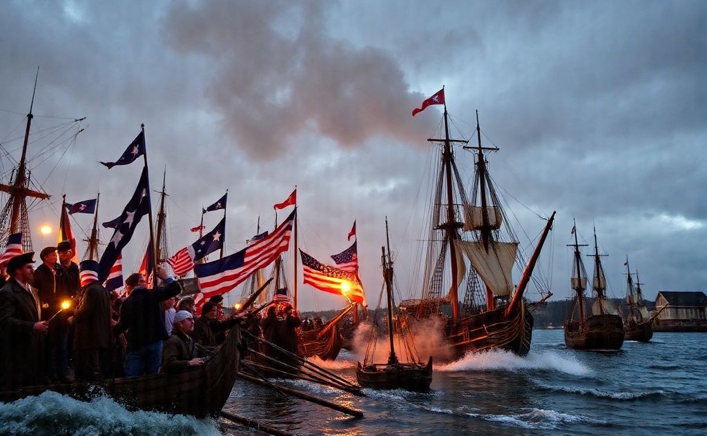 Capture the spirit of the Boston Tea Party scene.