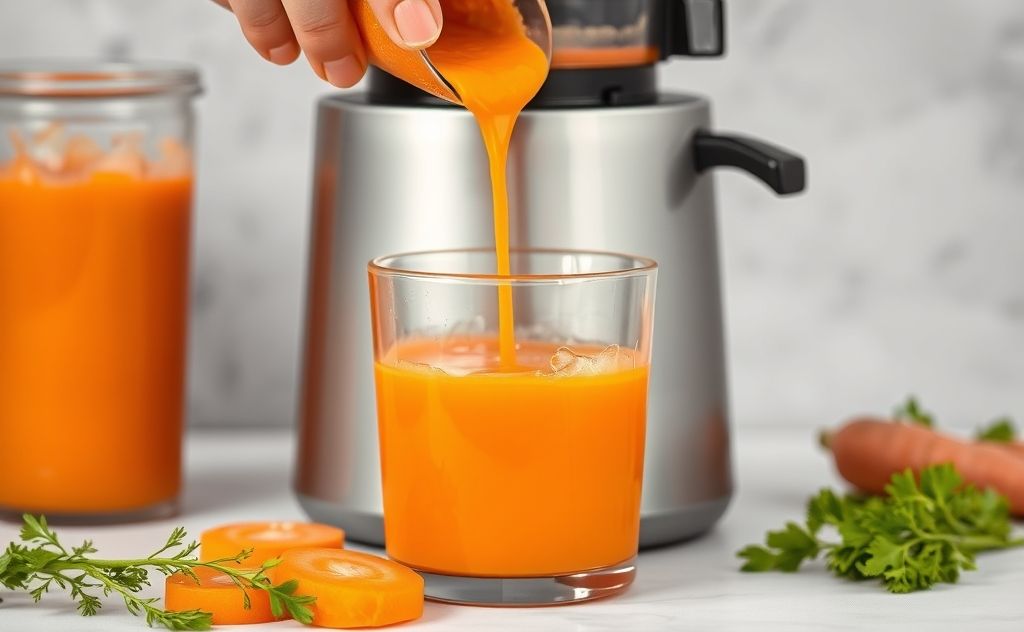 Carrot juice being poured from a fresh juicer