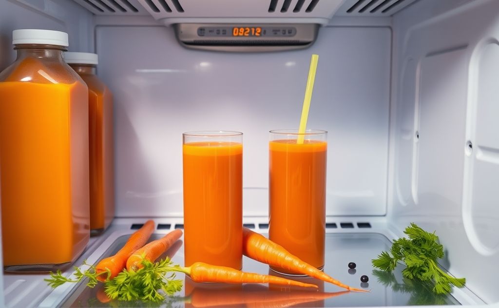 Carrot juice in a fridge with freshness indicators