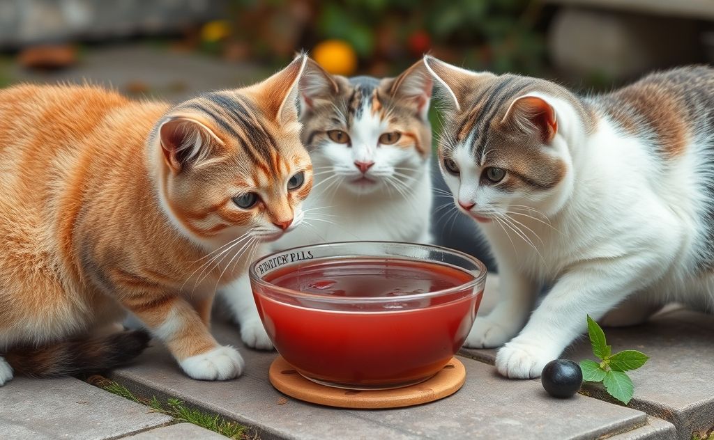 Cats enjoying a bowl of prune juice outdoors
